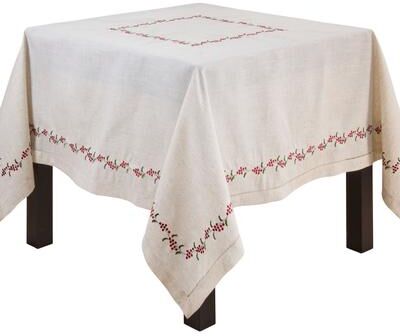 Saro Holiday Berry Embroidered Tablecloth - Holly Berry Border Design for Christmas Dining and Holiday Entertaining