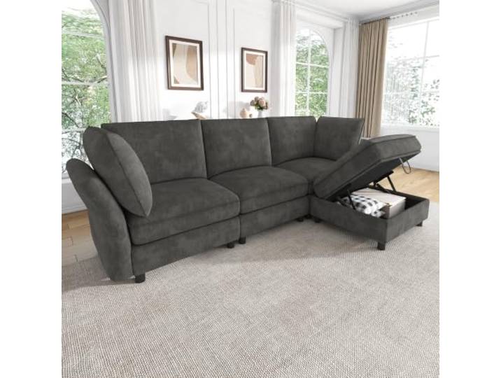 BXEYXE Modulares Sofa, frei kombinierbares L‑Ecksofa, mit Stauraum‑Hocker, Cloud‑Sofa Sitzgefühl, weich gepolstert, Chenille Stoff, 2 Armlehnenkissen, 4‑Sitzer, für Wohnzimmer & Schlafzimmer, Grey