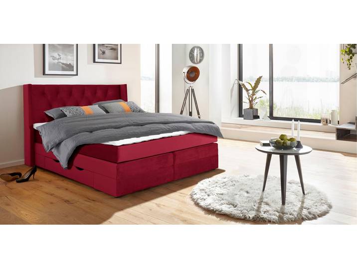 Boxspringbett HOME AFFAIRE Elegance , rot, B:161cm L:210cm, Samtoptik (100% Polyester);Struktur (100% Polyester), Komplettbetten, Boxspringbett, mit schöner Knopfheftung, in den Härtegraden H2 & H3, inkl. Schubladen
