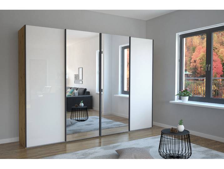 Schwebetürenschrank, Floatglas & Holzwerkstoff, Bianco-Eiche-Nachbildung, 296,3×236×67 cm, 4 Türen, Wiemann