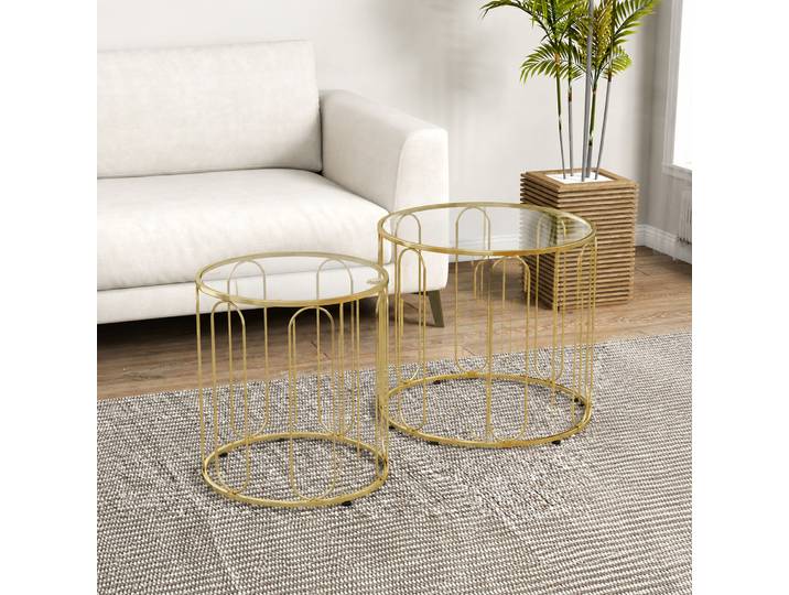 HOMCOM Tables Basses Rondes Modernes Métal Doré Verre Trempé