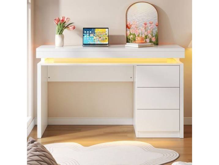 Bureau d'ordinateur gaming et bureau à domicile éclairage LED trois tiroirs et plan de travail confortable