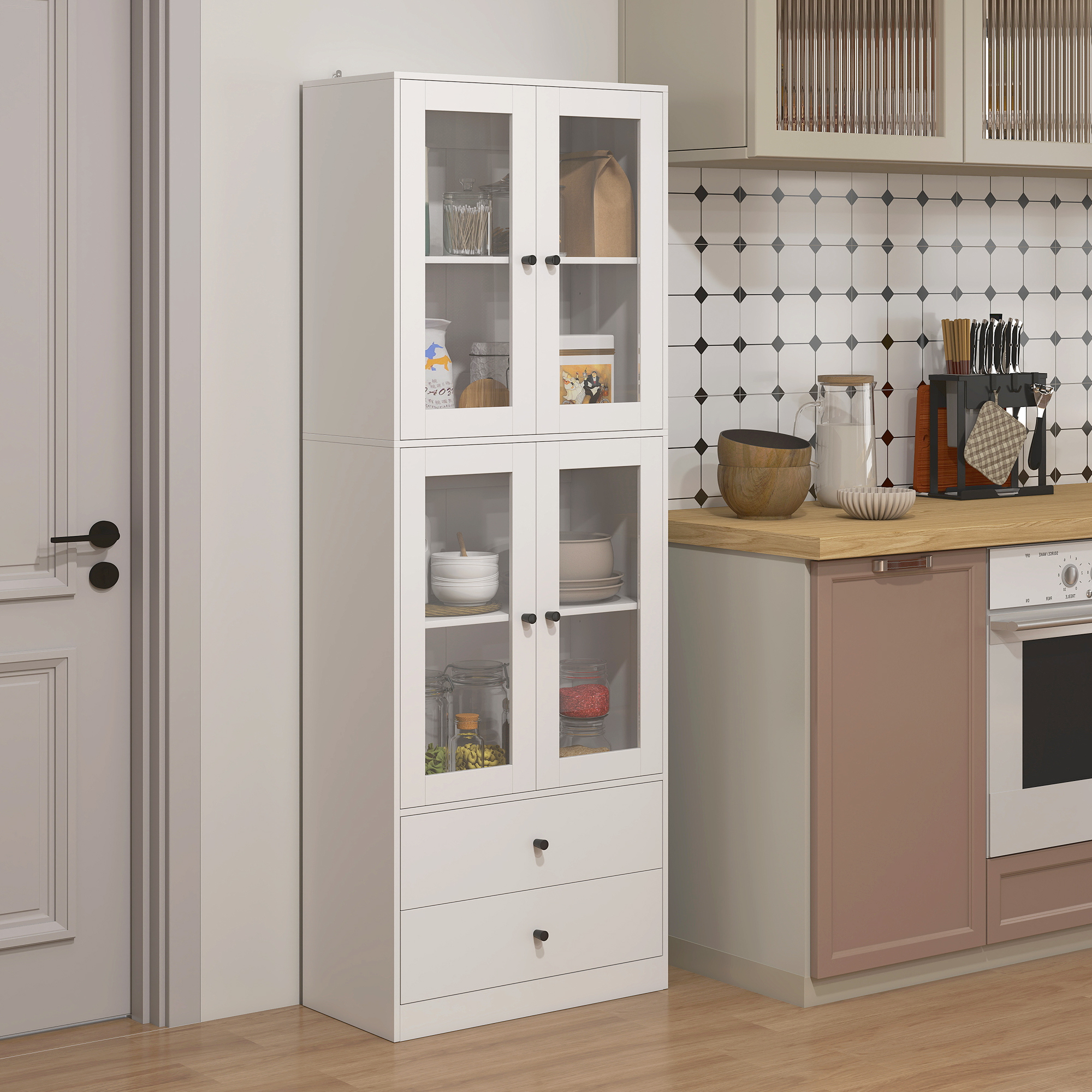 Homcom Credenza Cucina Alta 170cm, 4 Ante in Vetro, 2 Cassetti, Ripiani Regolabili, per Sala da Pranzo Soggiorno, Bianco   Aosom Italy