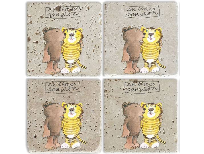Getränkeuntersetzer LUCKYLINDE Der kleine Bär und der Tiger , gelb, B:10cm H:10cm T:1cm, Naturstein, Untersetzer, Getränkeuntersetzer, Janosch Set Topfuntersetzer Naturstein Untersetzer 10x10x1cm