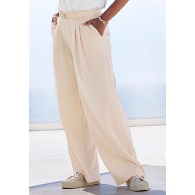 Schlupfhose LASCANA "aus bügelfreier Ware mit weitem Bein", Damen, Gr. 38, N-Gr, blau (beige), Crêpe, Obermaterial: 95% Polyester, 5% Elasthan, unifarben, figurumspielend lang, Hosen Schlupfhose, Sommerhose, sommerlich elegant, Business chic