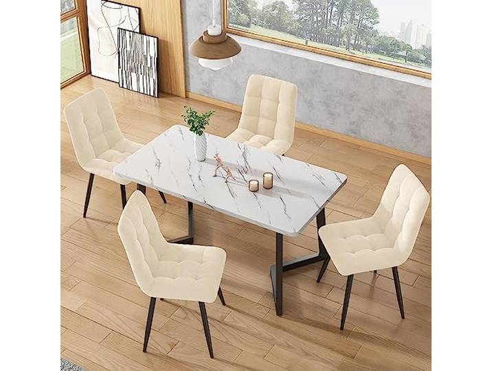 KUAKE Esstisch 117x68cm mit 4 Stühlen Set, Rechteckiger Esstisch Moderner Küchentisch Set, Schwarze Tischbeine (Beige Esszimmerstuhl)