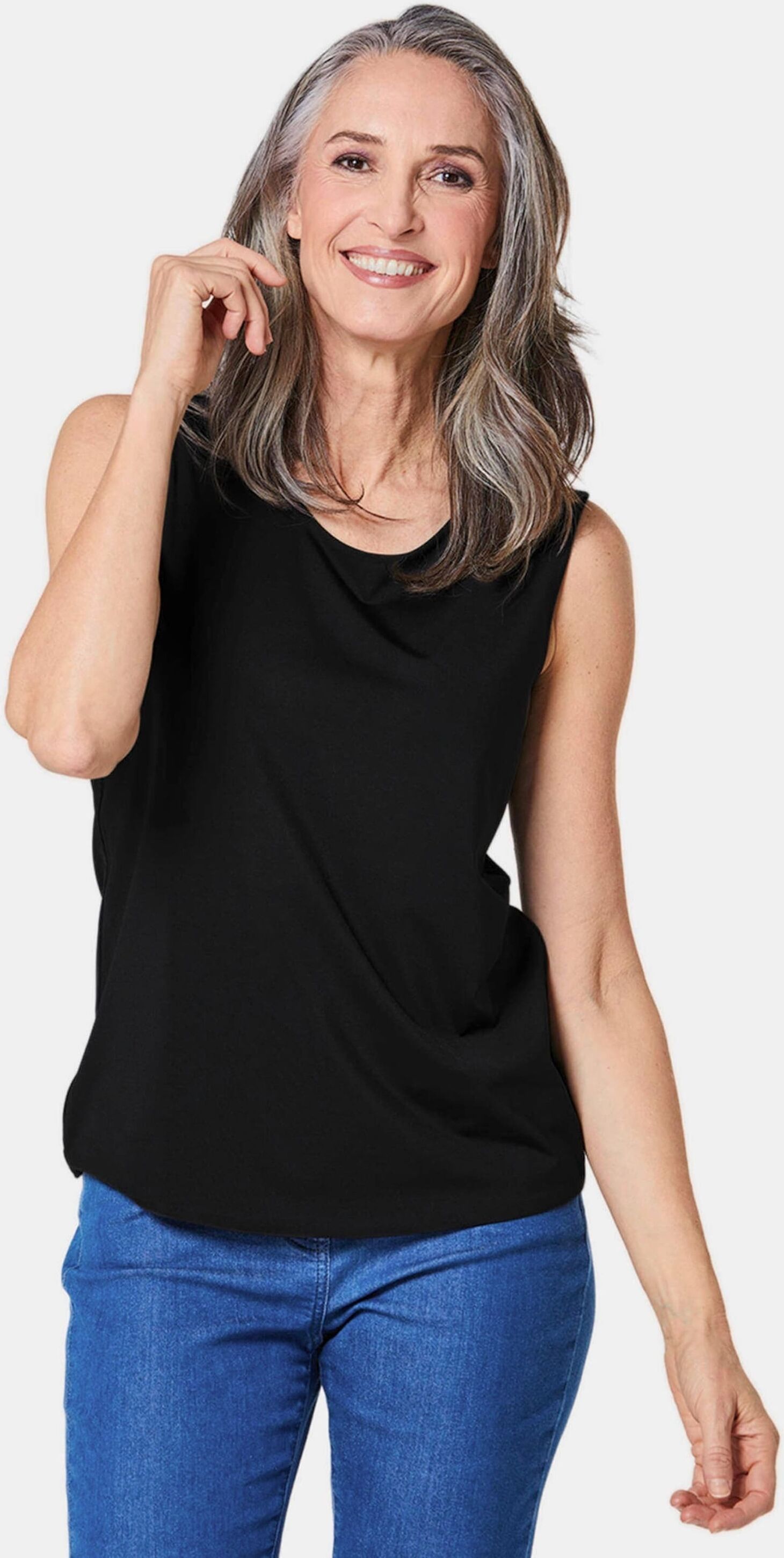 Trägertop GOLDNER "Kurzgröße Gepflegtes Top in formstabiler Ware", Damen, Gr. 20, schwarz, Obermaterial: 82% Polyester PES. 18% Elasthan EL., Rundhals, Sonstiges, Tops Trägertop, ohne