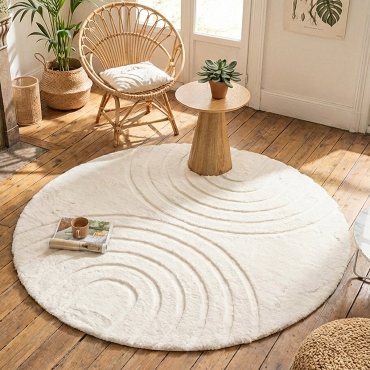 Fraai Rond Hoogpolig Vloerkleed Carvy Arches Crème Ø 80 cm
