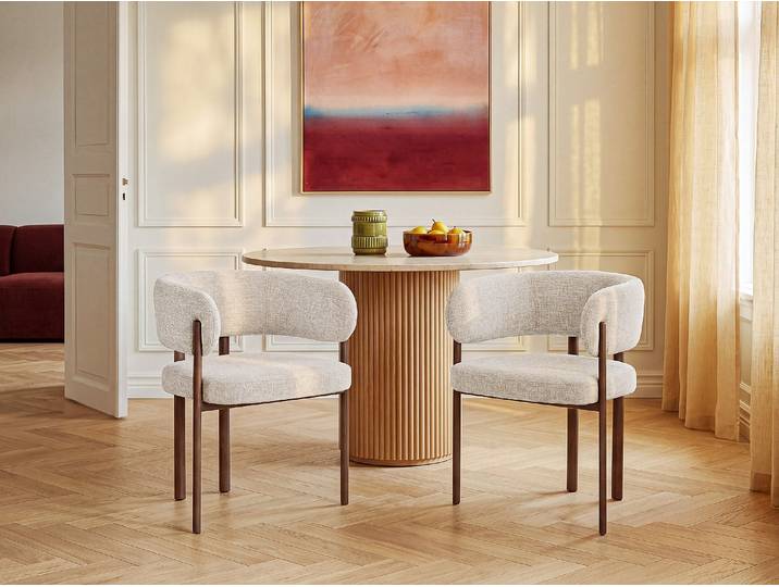 6er-Set Stühle aus Tweed-Stoff und Metall in Holzoptik - Beige und Dunkel Natur - CIBARO