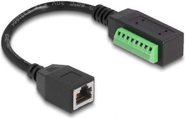 Delock RJ45-kabel Cat.5e met RJ45-connector naar klemmenblokadapter, U/UTP, 21,5 cm, zwart/groen