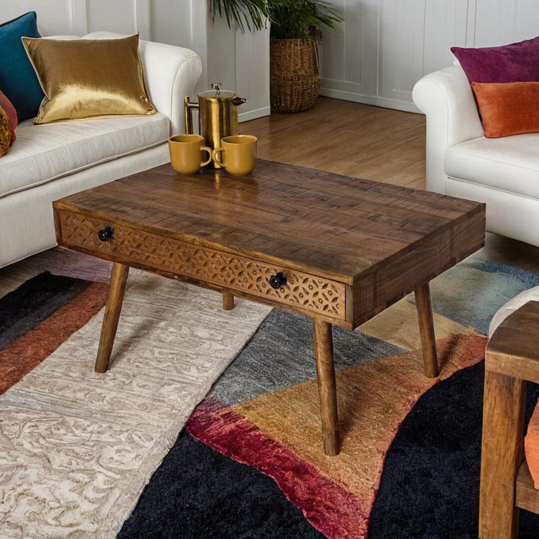 Union Rustic Solid Acacia Wood Coffee Table With Hand Carved Drawer 90x60cm Brown 48cm H X 90cm W X 60cm D