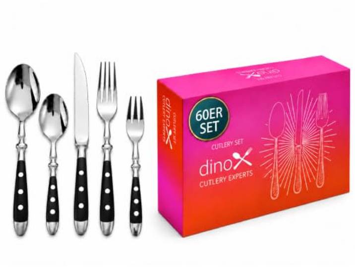 DINOX LAMDA Besteckset 60-teilig für 12 Personen mit Bakelitgriffen Besteckset aus rostfreiem Edelstahl mit schwarzen Bakelitgriffen, hochglanzpoliert und für den täglichen Gebrauch geeignet.
