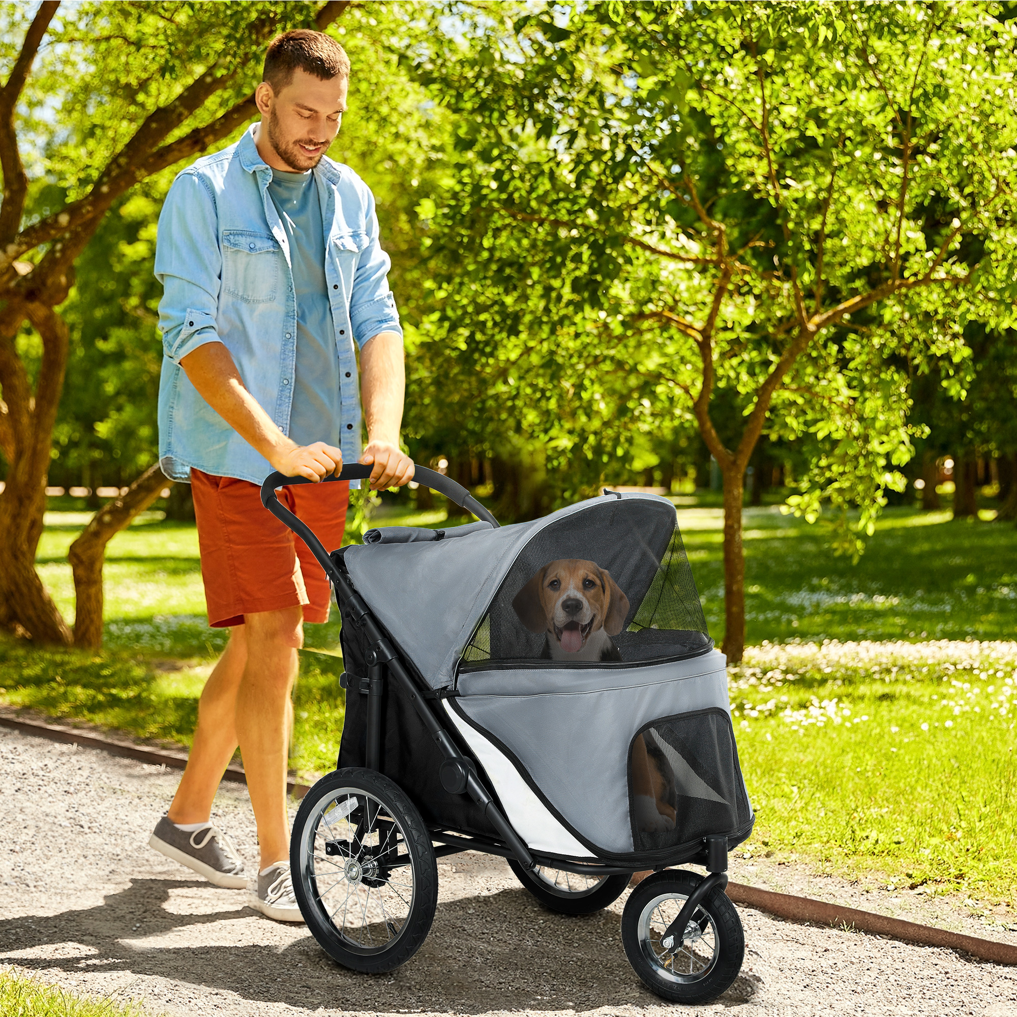 Pawhut Passeggino per cani 3 ruote con piegatura facile, borsa portaoggetti, cuscino soffice, guinzaglio di sicurezza, grigio