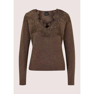 Longpullover MADELEINE "Pullover Feinstrickpullover mit Spitzenbesatz", Damen, Gr. 34, trüffelbraun, melange, Modern, slim fit, Pullover Longpullover