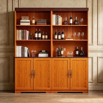Freely Combine Set Of 2 PCS Tall Storage Bookcase, Height Adjustable Open Shelves & Closed Door Cabinet