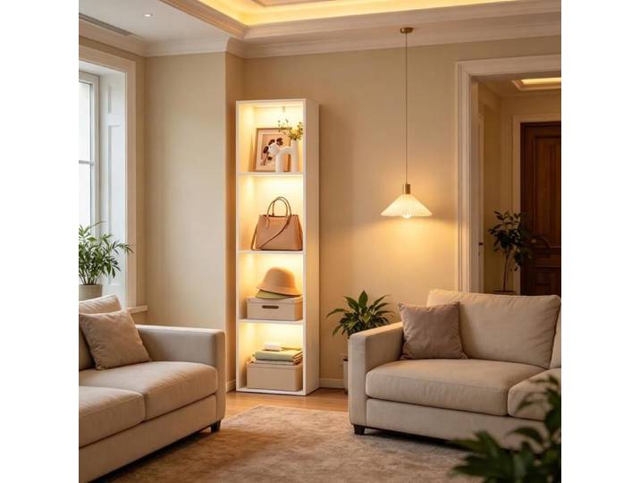 Bibliothèque verticale - Blanc - Bois - 40x29x170 cm - 4 compartiments - Éclairage RGB personnalisable