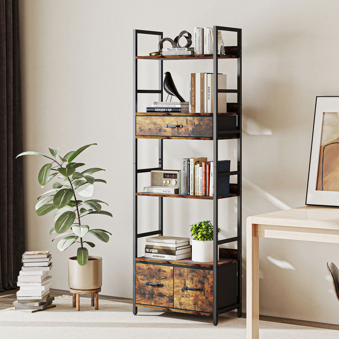 17 Stories HOMCOM Industrial Bookshelf with 4 Shelves and 3 Fabric Drawers Rustic Brown 176cm H X 60cm W X 30cm D