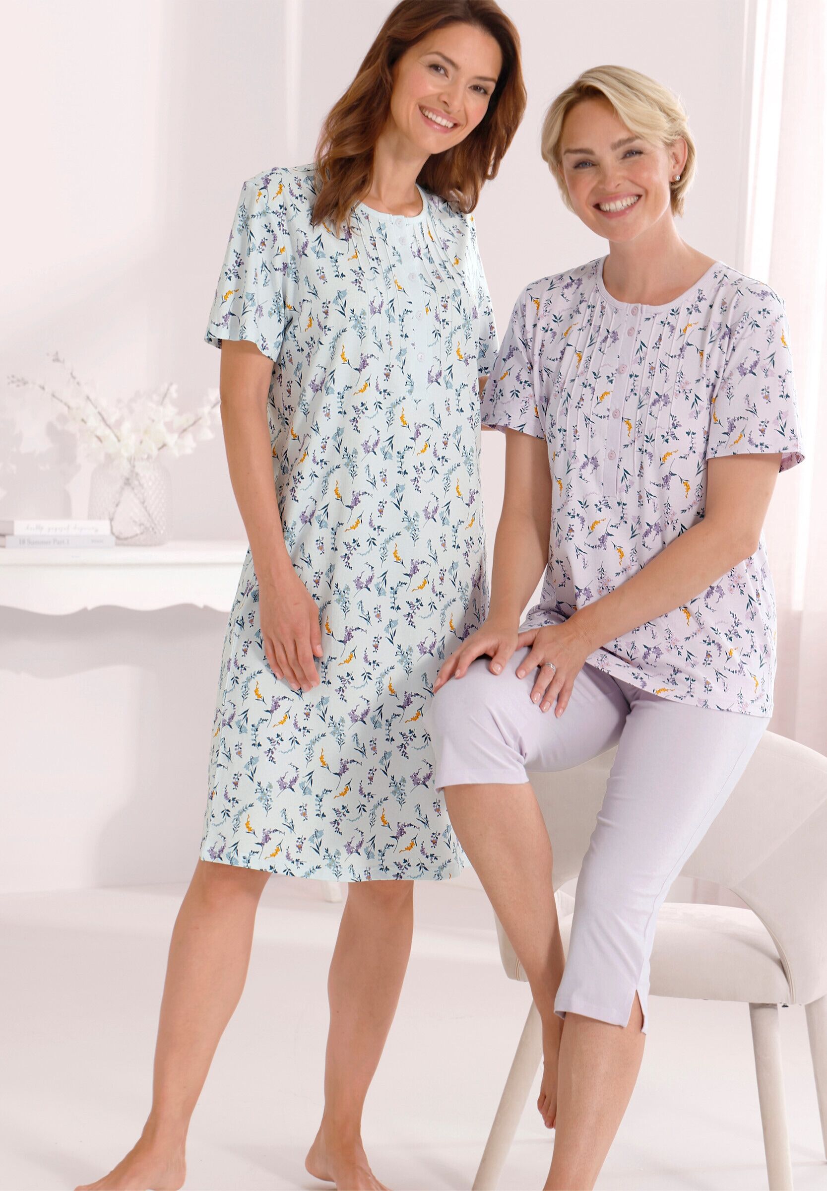 Capri-Pyjama COMTESSA "Capri-Anzug Capri-Anzug", Damen, Gr. 36/38, rosé, bedruckt, Basic, Rundhals, Homewear-Sets Capri-Pyjama