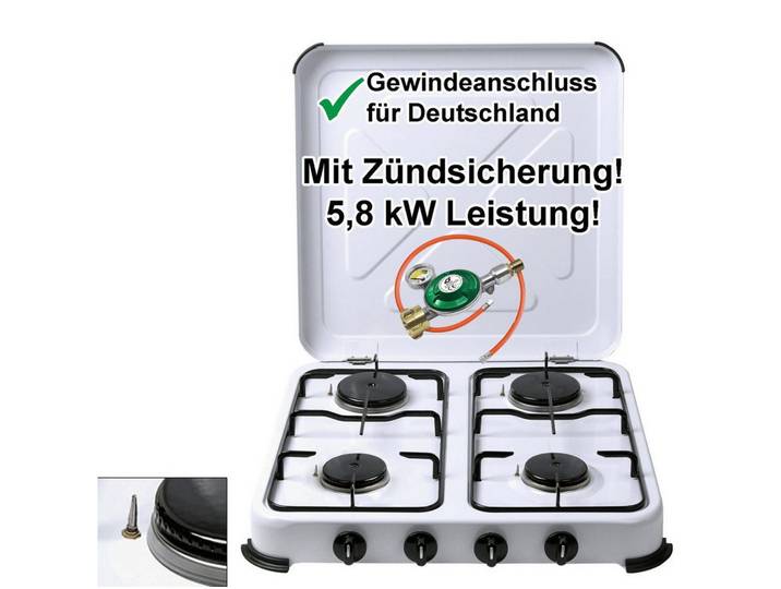 BlueCraft Gaskocher 4 flammig mit Zündsicherung 50mbar Propan Gas Campingkocher 5,8 kW, (mit Schlauch 100 cm und Gas Regler Druckminderer mit Manometer), Camping Gas Kocher 4 flammen für Gasflasche Gasherd Gas-Kochfeld