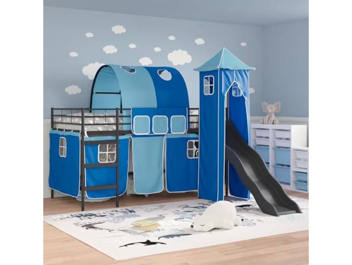 KTHLBRH Bett Loft aus Metall, 90 x 200 cm, Schwarz und Blau Mit Netzvorhängen, faltbar, multifunktionales Design, Verwendung im Innenbereich