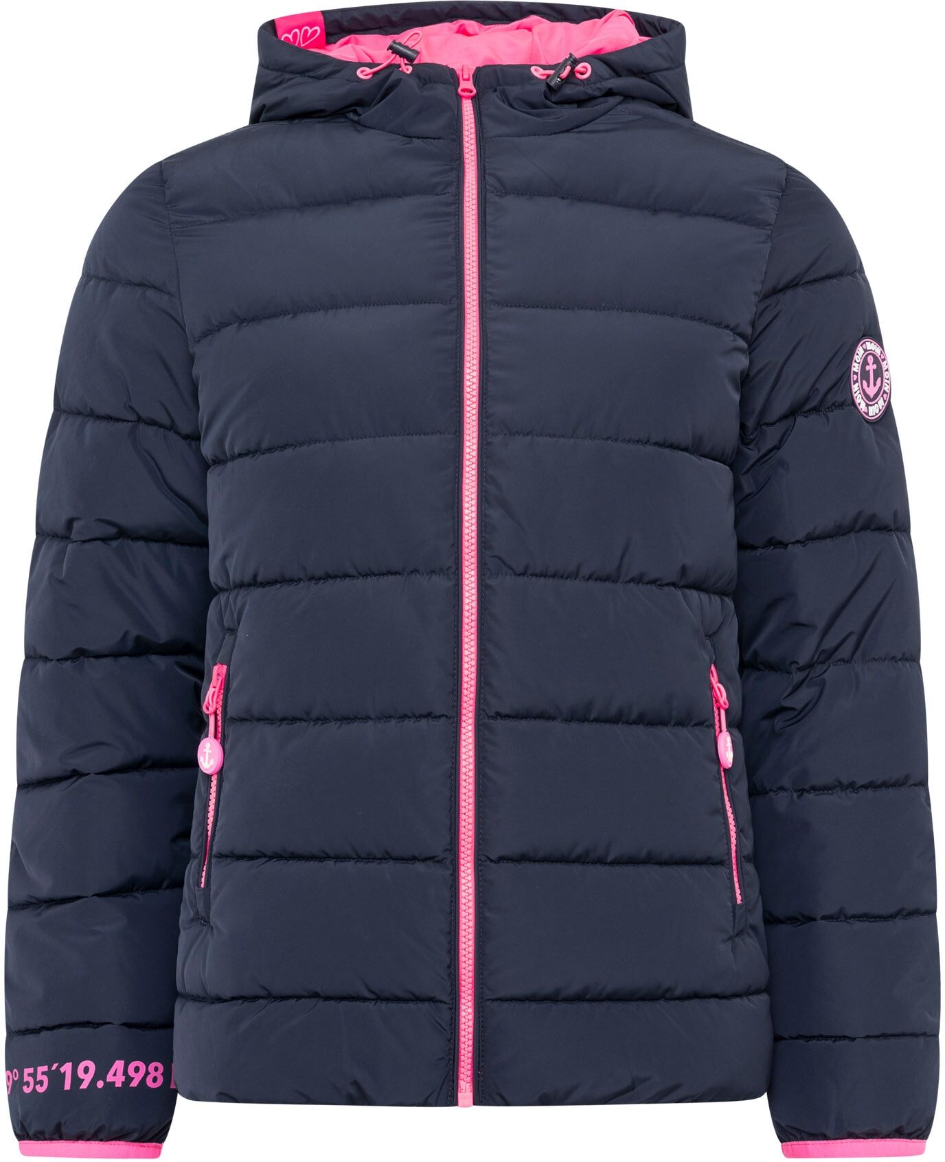 Steppjacke ZWILLINGSHERZ "Moin Moin", Damen, Gr. M, blau (marine), Steppware, Obermaterial: 100% Polyester, bequem hüftbedeckend, ohne Ausschnitt, Jacken Steppjacke, Kapuze, wärmend, Kontrastnähte marine M