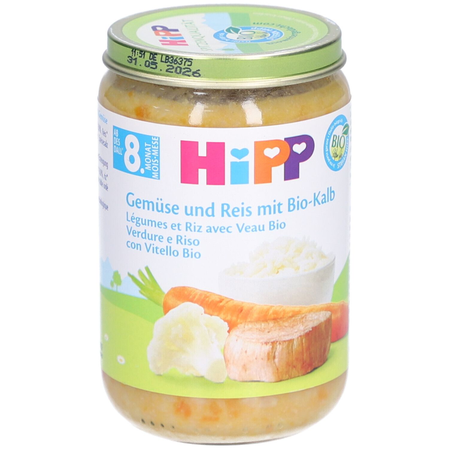 Hipp Gemüse u Reis m Kalbfleisch 8M Bio Glas 220 g Brei