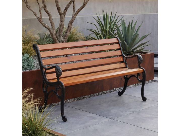 Gartenbank HWC-O25, Sitzbank Parkbank Holzbank 2-Sitzer, Gusseisen Holz Kiefer, 132cm teak