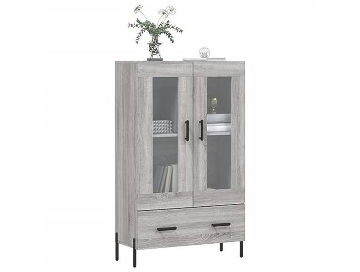 KTHLBRH Sideboard Grau Sonoma 69,5 x 31 x 115 cm Holz mehrschichtig Metallbeine, Glastür, großer Stauraum, stabile Tischplatte für Dekoration