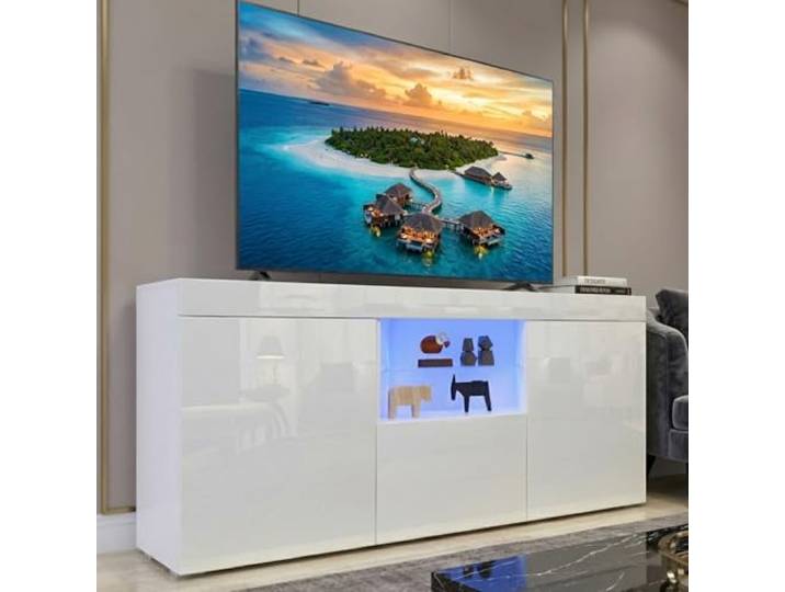 Dripex TV Schrank Lowboard mit LED Beleuchtung Weiß Hochglanz Fernsehtisch TV Board mit großem Stauraum 135x70x35 cm
