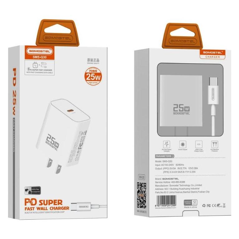 Somostel WANDLADEGERÄT 3A 25W TYP-C PD PPS WEISS + TYP-C - TYP-C PD-KABEL SMS-Q30 (25 W) (60441714)