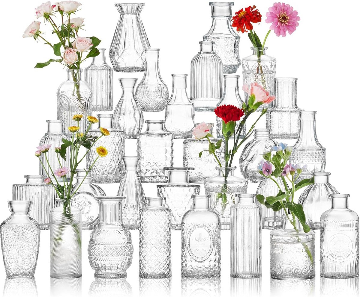 Glazen Bud Vaas Set van 32 - Vintage Mini Vazen voor Bloemen en Decoratie