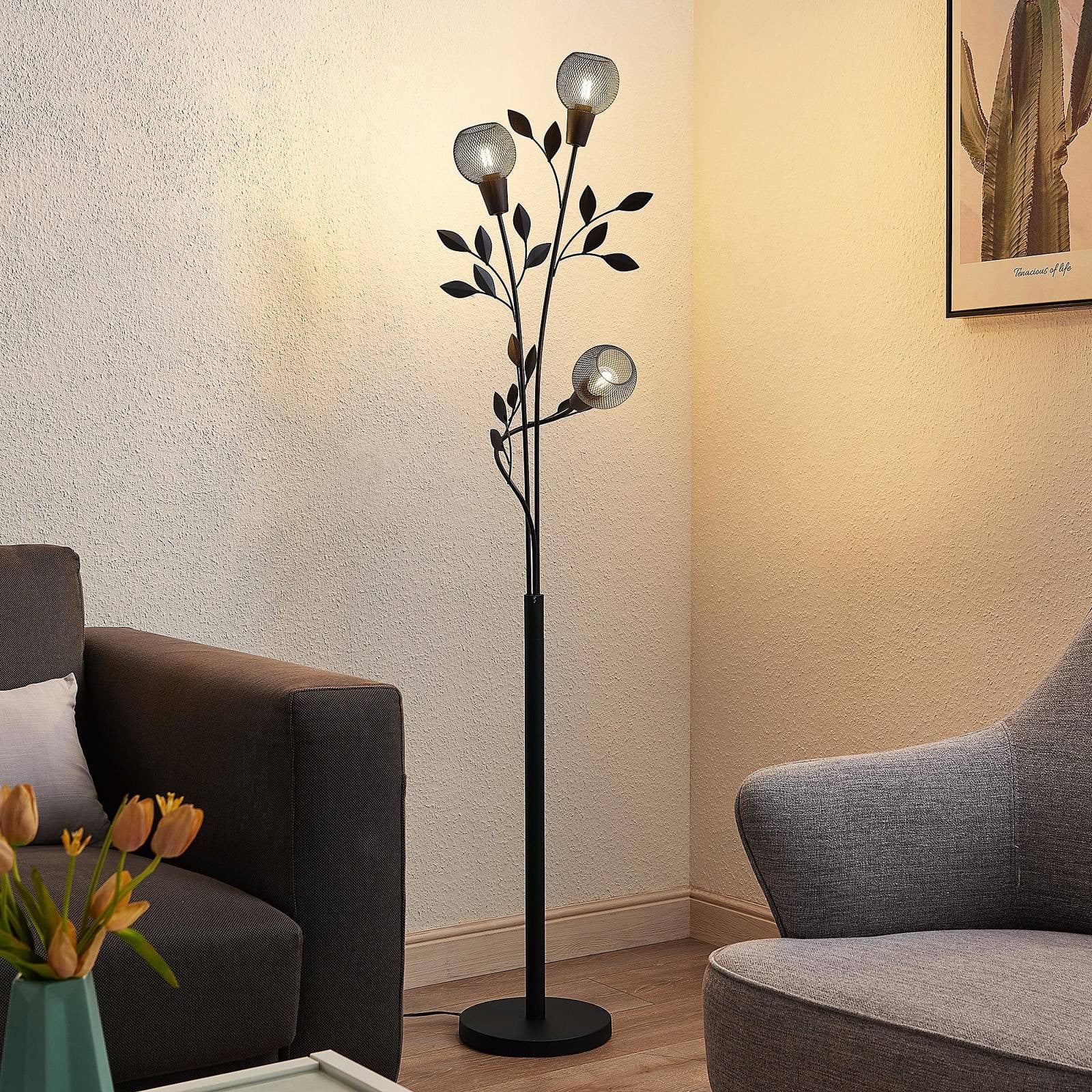 Lindby Vloerlamp met glazen bol, zwart metaal, klassiek design