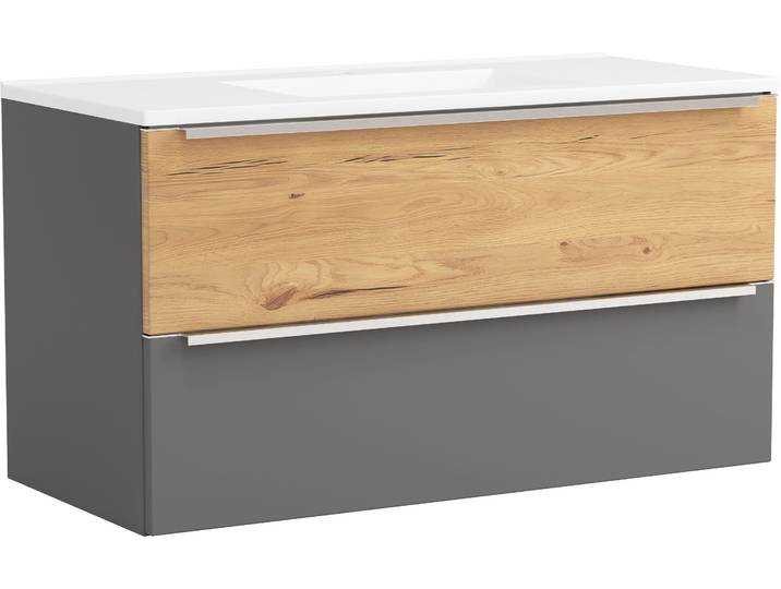 Waschtisch WELLTIME TRIENT, Softclose-Auszüge, Mineralgussbecken , grau (matt onyx, grau, wildeiche, matt onyx, grau), B:100cm H:54cm T:47cm, Waschtische, Waschtisch, matt onyx-grey/wildeiche, Mineralgussbecken