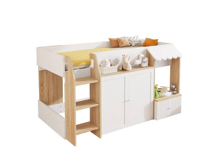 Modfu Hochbett aus Holz 90x200 cm in Weiß mit Leiter & Stauraum, 90x200 cm, Babymöbel & Kindermöbel, Kinderzimmer & Jugendzimmer, Kinderbetten, Hochbetten