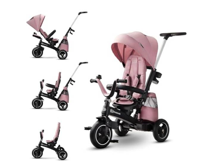 Kinderkraft Dreirad EASYTWIST, Kinderdreirad, Jogger, mit Zubehör, Dachfenster, Sicherheitsgurte, 360 Grad Drehbar, Freilaufrad, Schubstange, ab 9 Monate bis 5 Jahre, Bequemer Sitz, Rosa