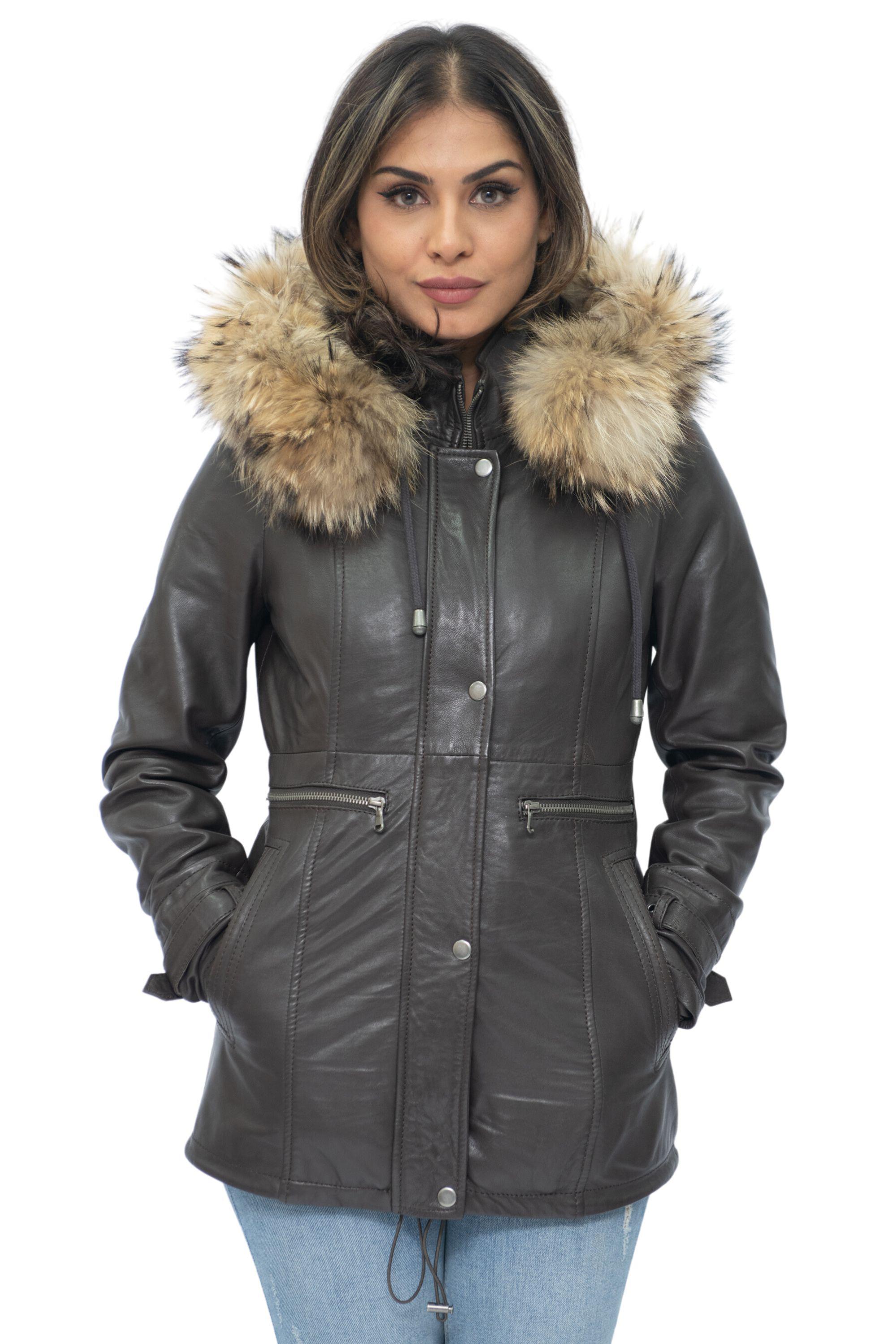 Damen-Parkajacke aus Leder mit Kapuze – Putian