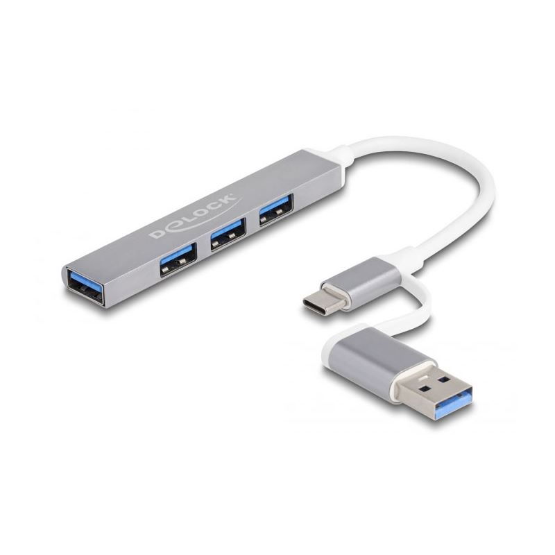 Delock 4 Port Slim USB Hub mit USB Type-C oder USB Typ-A zu 3 x USB 2.0 Typ-A Buchse + 1 x USB 5 Gbps Typ-A Buchse