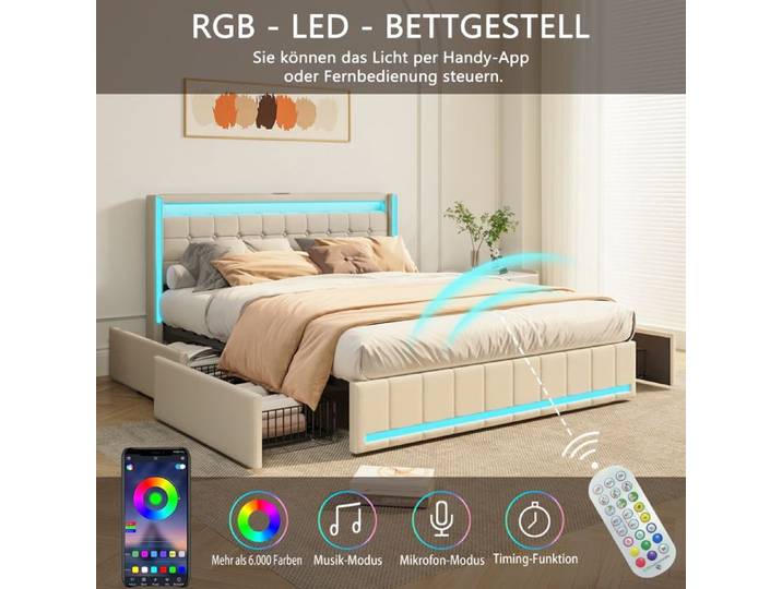 Lit Double Coffre-DADEA-180x200 cm avec Led Lit Capitonné avec 4 Tiroirs Lit Rembourré avec USB et Type-C
