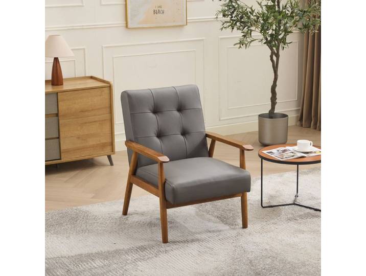 Fauteuil capitonné scandinave - en cuir véritable - fait à la main - bois massif - élégant et luxueux - 64x80x83cm - gris