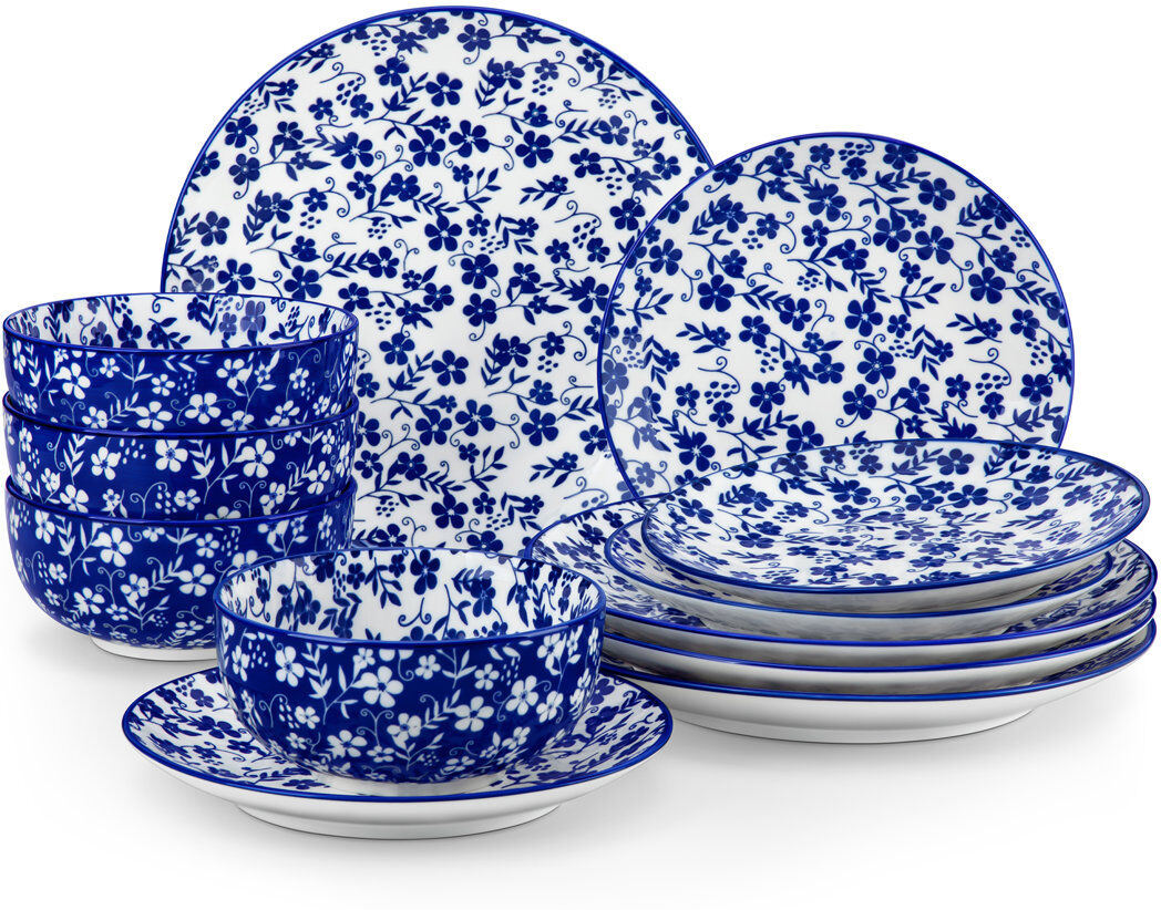 Vancasso 12 Pieces Porcelain Dinnerware, Round Plate, Dinner Plate, Dessert Plate And Bowl, Serve For 4 Person, Blue And White Porcelain, Ceramic Decal, Four D Pink Baby's Breath 12