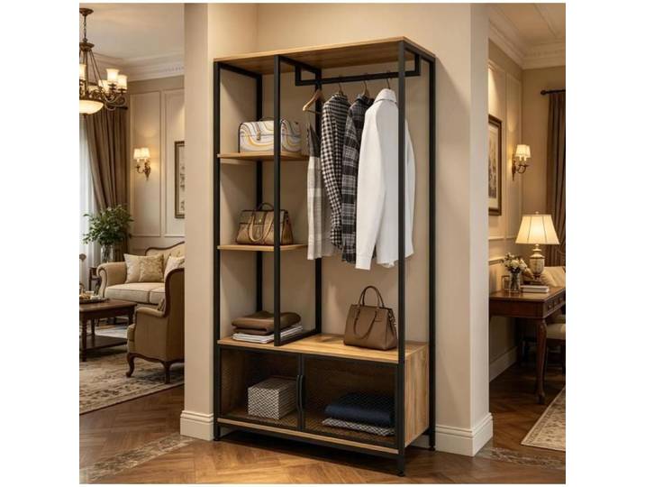 ELVORIN Vestiaire porte-manteau 90 x 40 x 167 cm métal et MDF noir chêne clair