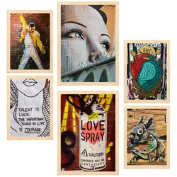 POSTER Set Mit 6 Graffiti Kunst Voller Farbe Anspruch Auf Wandgemälde A3 & A4 Rahmen Aus Hellem Holz