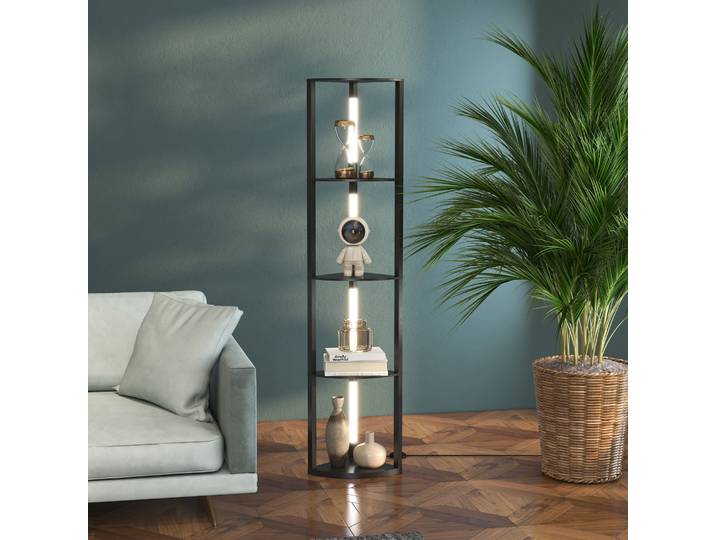 HOMCOM Lampadaire sur pied salon, lampadaire avec étagères d'angle à 4 niveaux, lampe LED dimmable, 41x29,5x163,5cm, noir