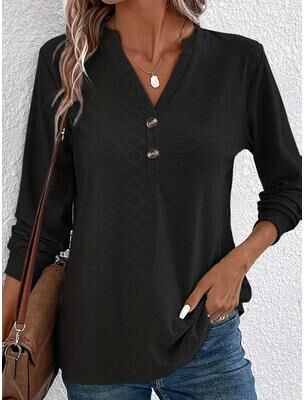 Uplift Essentials Women Solid Color V Neck Long Sleeve Button Top m black