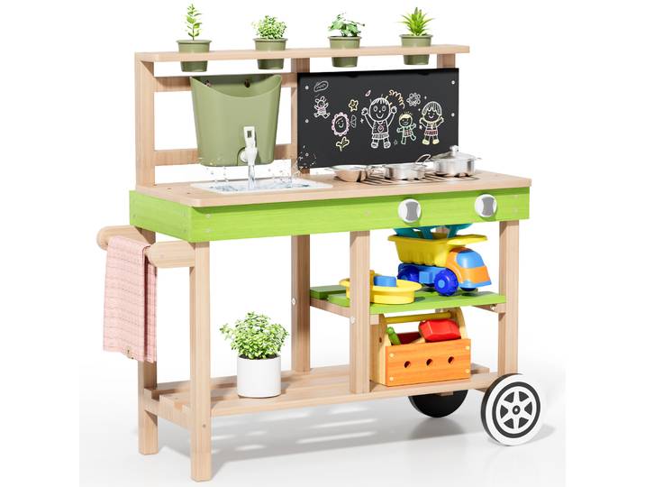 Cuisine en bois d'extérieur, cuisine pour enfants, cuisine de jeu, avec roues, robinet, jardinières, tableau noir, étagères, accessoires de cuisine
