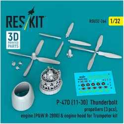 ResKit P-47D (11-30) Thunderbolt propellers (3 pcs), engine (P&W R-2800) & engine hood (3D Printed) for Tru