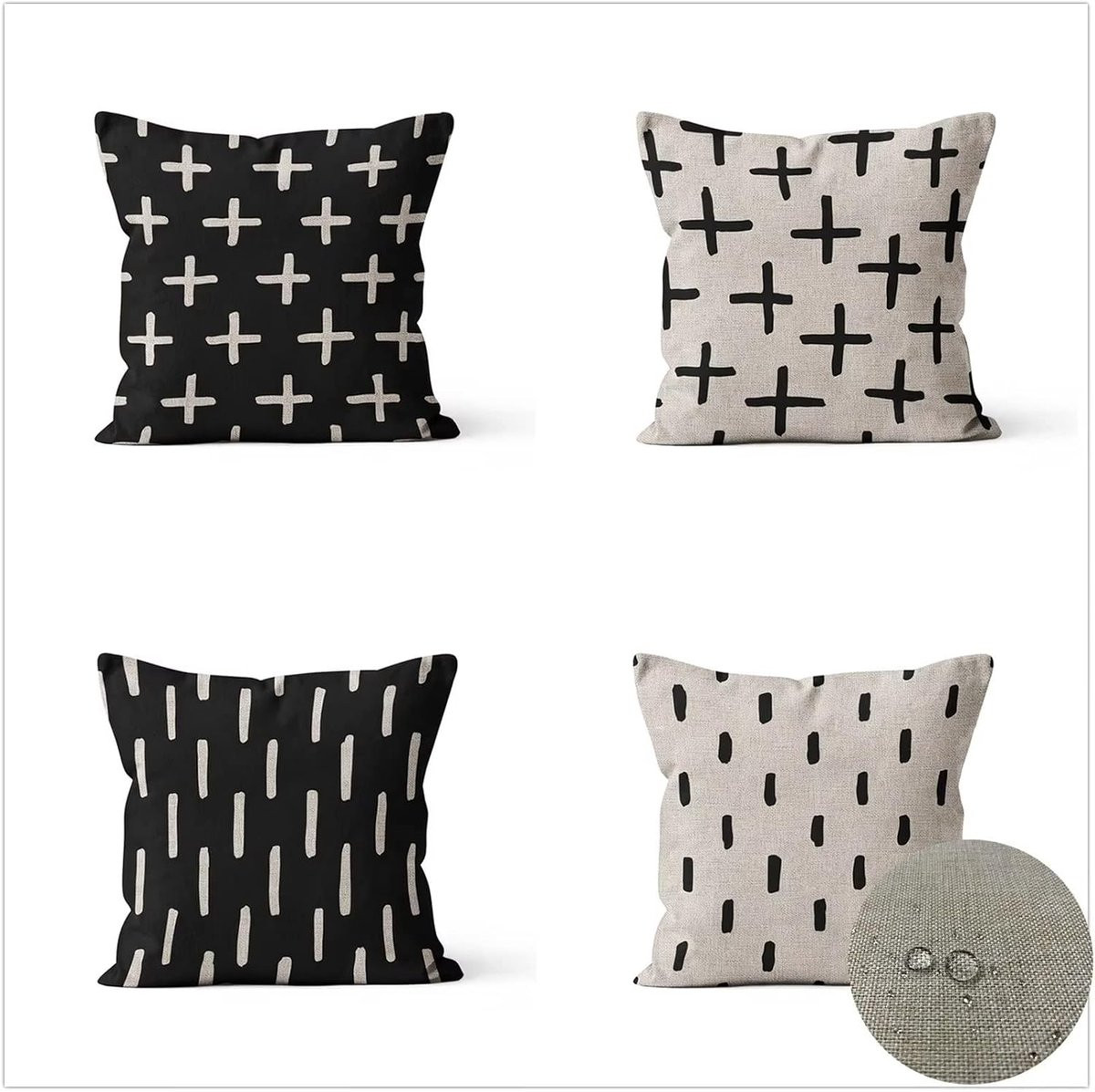 Set van decoratieve waterafstotende linnen kussenslopen voor buiten decoratie, Zwart, 65 x 65 cm