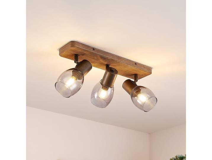 Ineska 3 Square Plafonnier Smoke/Wood - Lindby - Salon / séjour - Scandinave - Bois - Multi-ampoules