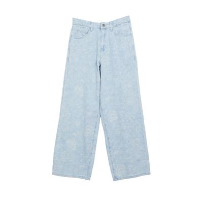 Loose-fit-Jeans S.OLIVER JUNIOR, Mädchen, Gr. 146, N-Gr, blau, Denim/Jeans, Obermaterial: 100% Baumwolle, geblümt, loose fit lang, Jeans, Eingewebte Blumenmotive