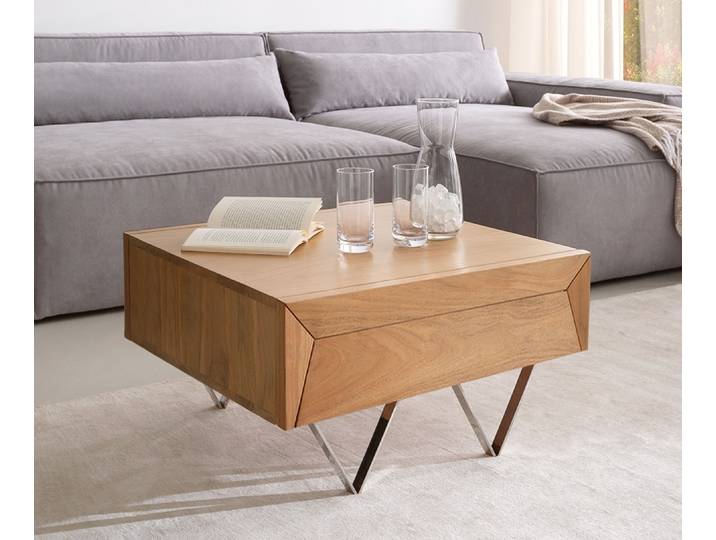 Table basse Kayu 60x60 cm acacia naturel 2 tiroirs pied en V